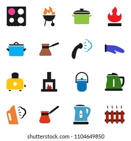 solid vector ixon set - steaming vector, pan, camping cauldron, kettle, cook glove, turk coffee, toaster, oven, bbq, flammable, fireplace, heating