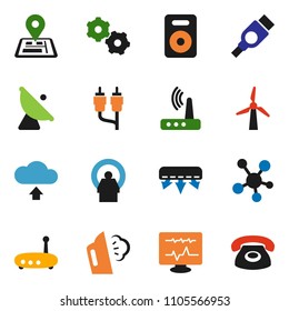 solid vector ixon set - steaming vector, navigator, satellite antenna, social media, speaker, rca, hdmi, diagnostic monitor, tomography, gear, router, cloud upload, windmill, air conditioner, phone