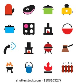 solid vector ixon set - steaming vector, pan, camping cauldron, cook glove, turk coffee, toaster, oven, bbq, steak, flammable, fireplace, heating