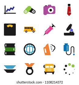 solid vector ixon set - steaming vector, plates, book, microscope, school bus, world, graph, tie, scales, medal, camera, syringe, pills, drop counter, loading