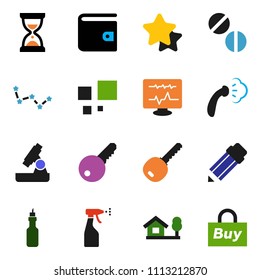 solid vector ixon set - steaming vector, sprayer, oil, pencil, microscope, constellation, wallet, sand clock, pills, diagnostic monitor, loading, chalet, key, star, buy