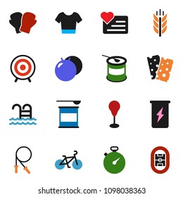solid vector ixon set - stopwatch vector, bike, jump rope, punching bag, fitball, boxing glove, t shirt, target, sports nutrition, enegry drink, cereals, breads, pool, heart monitor, stadium