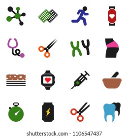 solid vector ixon set - stopwatch vector, buttocks, enegry drink, molecule, heart monitor, breads, run, syringe, scissors, stethoscope, pills blister, mortar, chromosomes, tooth