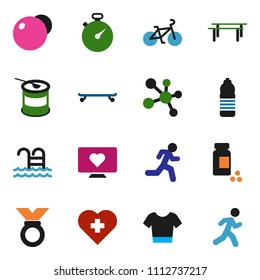 solid vector ixon set - stopwatch vector, pills vial, bike, horizontal bar, fitball, t shirt, skateboard, medal, sports nutrition, molecule, water bottle, pool, heart monitor, cross, run