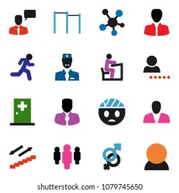 solid vector ixon set - student vector, manager, man, horizontal bar, stairways run, speaking, social media, gender sign, head bandage, medical room, doctor, login, consumer