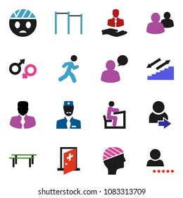 solid vector ixon set - student vector, manager, horizontal bar, stairways run, client, speaking man, group, gender sign, head bandage, medical room, doctor, login