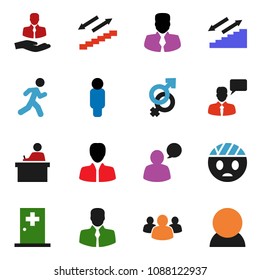 solid vector ixon set - student vector, manager, man, stairways run, client, speaking, group, gender sign, head bandage, medical room, consumer