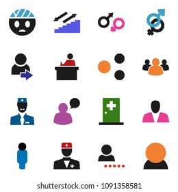 solid vector ixon set - student vector, man, stairways run, speaking, group, doctor, gender sign, head bandage, medical room, share, login, consumer