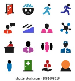 solid vector ixon set - student vector, manager, man, stairways run, client, speaking, social media, head bandage, medical room, doctor, consumer