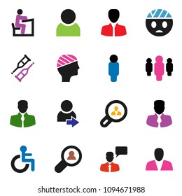 solid vector ixon set - student vector, manager, man, client, speaking, disabled, crutches, head bandage, user, login, search, consumer