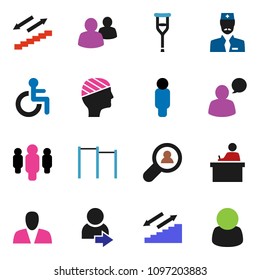solid vector ixon set - student vector, man, horizontal bar, stairways run, speaking, group, disabled, crutches, head bandage, doctor, login, client search, consumer, customer