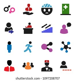solid vector ixon set - student vector, manager, man, stairways run, client, speaking, social media, group, doctor, gender sign, head bandage, medical room, share, login
