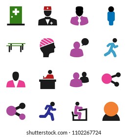 solid vector ixon set - student vector, manager, man, horizontal bar, run, speaking, social media, group, doctor, head bandage, medical room, share, consumer