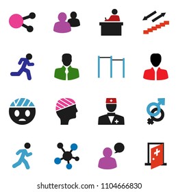 solid vector ixon set - student vector, manager, horizontal bar, stairways run, client, speaking man, social media, group, doctor, gender sign, head bandage, medical room