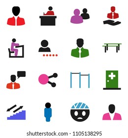 solid vector ixon set - student vector, manager, man, horizontal bar, stairways run, client, speaking, social media, group, head bandage, medical room, login, consumer