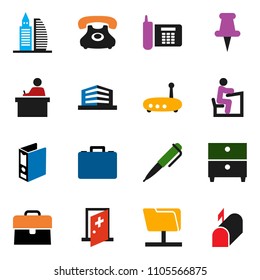 solid vector ixon set - student vector, pen, archive, case, binder, phone, thumbtack, medical room, network folder, router, office building, mailbox