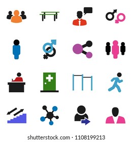 solid vector ixon set - student vector, man, horizontal bar, stairways run, speaking, social media, group, gender sign, medical room, share, login, consumer
