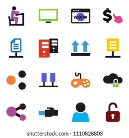 solid vector ixon set - student vector, dollar cursor, top sign, gamepad, monitor, server, cloud lock, browser, lan connector, share, network document, user, unlock