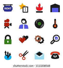 solid vector ixon set - support vector, flammable, disk, video camera, heart, mail, thermometer, scissors, gear, favorites, route arrow, barn, rent signboard, search estate, lock, phone