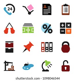 solid vector ixon set - table lamp vector, binder, personal information, stadium, clipboard, weight, boxing glove, phone 24, cargo, thumbtack, pond, construction crane, percent, calculator, unlock