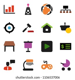 solid vector ixon set - table lamp vector, presentation, graph, receipt, target, hierarchy, antenna, gamepad, speaking man, play button, connection, basket, home, auction, baby stroller