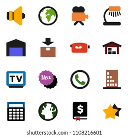 solid vector ixon set - table lamp vector, annual report, calculator, earth, package, speaker, tv, video camera, barn, building, phone, new, star