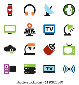 solid vector ixon set - table lamp vector, world, heart monitor, satellite antenna, tv, video camera, headphones, rca, cloud lock, big data, solar panel, wireless