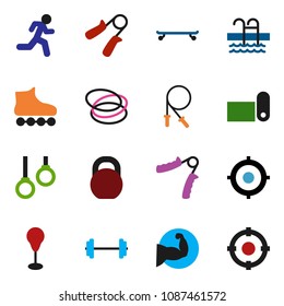 solid vector ixon set - target vector, barbell, weight, jump rope, hand trainer, punching bag, muscule, roller Skates, skateboard, fitness mat, pool, hoop, gymnast rings, run