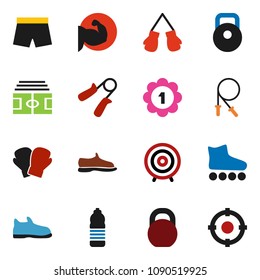 solid vector ixon set - target vector, stadium, weight, jump rope, hand trainer, muscule, snickers, boxing glove, shorts, roller Skates, medal, water bottle