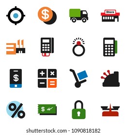 solid vector ixon set - target vector, dollar coin, percent, mall, card reader, cashbox, calculator, trolley, delivery, lock, check, tap pay, diamond ring, store scales