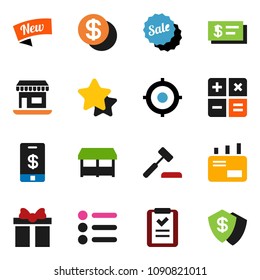 solid vector ixon set - target vector, office, gift, dollar coin, star, sale, new, market, shopping list, calculator, auction, mail, check, tap pay, menu, shield