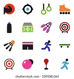 solid vector ixon set - target vector, stadium, punching bag, fitball, muscule hand, shorts, roller Skates, skateboard, water bottle, shuttlecock, gymnast rings, run