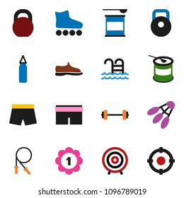 solid vector ixon set - target vector, barbell, weight, jump rope, punching bag, snickers, shorts, roller Skates, medal, sports nutrition, shuttlecock, pool