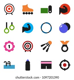 solid vector ixon set - target vector, fitball, muscule hand, shorts, roller Skates, medal, water bottle, fitness mat, shuttlecock, hoop, gymnast rings, pool