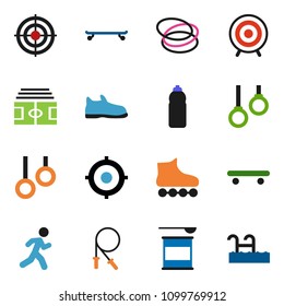 solid vector ixon set - target vector, stadium, jump rope, snickers, roller Skates, skateboard, sports nutrition, water bottle, hoop, gymnast rings, run, pool
