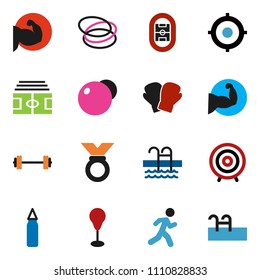 solid vector ixon set - target vector, barbell, stadium, punching bag, fitball, muscule hand, boxing glove, medal, pool, hoop, run
