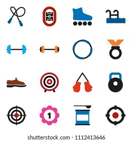 solid vector ixon set - target vector, barbell, weight, jump rope, snickers, boxing glove, roller Skates, medal, sports nutrition, hoop, stadium, pool