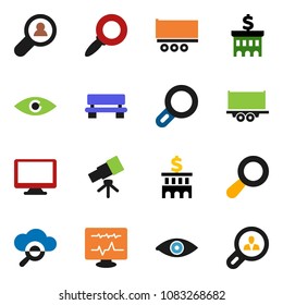 solid vector ixon set - telescope vector, magnifier, bank building, truck trailer, monitor, eye, diagnostic, cloud glass, bench, client search