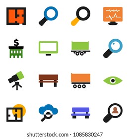 solid vector ixon set - telescope vector, magnifier, bank building, truck trailer, monitor, eye, diagnostic, cloud glass, bench, plan, client search