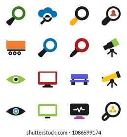 solid vector ixon set - telescope vector, magnifier, truck trailer, monitor, eye, diagnostic, cloud glass, bench, client search