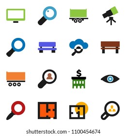 solid vector ixon set - telescope vector, magnifier, bank building, truck trailer, monitor, eye, cloud glass, bench, plan, client search