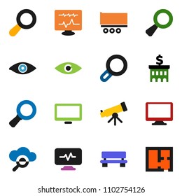 solid vector ixon set - telescope vector, magnifier, bank building, truck trailer, monitor, eye, diagnostic, cloud glass, bench, plan