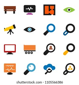 solid vector ixon set - telescope vector, magnifier, truck trailer, monitor, eye, diagnostic, cloud glass, bench, plan, client search