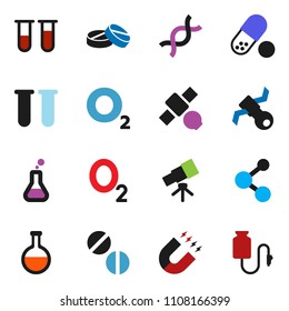 solid vector ixon set - telescope vector, magnet, pills, molecule, oxygen, satellite, flask, vial, dna, drop counter