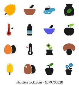 solid vector ixon set - thermometer vector, cereal, egg, mushroom, apple fruit, leaf, diet, water bottle, mortar, pond, flower in pot