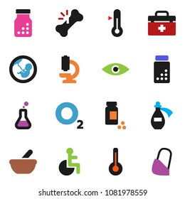 solid vector ixon set - thermometer vector, pills vial, oxygen, doctor bag, disabled, flask, eye, pregnancy, broken bone, bottle, mortar, microscope, potion, bandage
