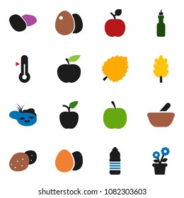 solid vector ixon set - thermometer vector, cereal, egg, potato, oil, apple fruit, leaf, diet, water bottle, mortar, pond, flower in pot