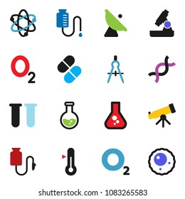 solid vector ixon set - thermometer vector, drawing compass, atom, telescope, microscope, flask, oxygen, satellite antenna, vial, dna, pills, drop counter, ovule