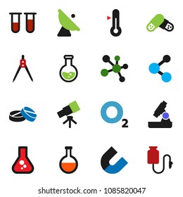 solid vector ixon set - thermometer vector, drawing compass, telescope, microscope, magnet, flask, molecule, oxygen, satellite antenna, vial, pills, drop counter