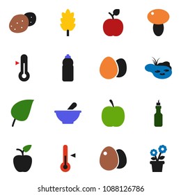 solid vector ixon set - thermometer vector, cereal, egg, mushroom, potato, oil, apple fruit, leaf, diet, water bottle, mortar, pond, flower in pot